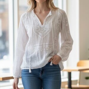 Lucky Brand Blouse XS Sheer Lace‎ Embroidered Tie Neck Long Sleeve Fairy Boho